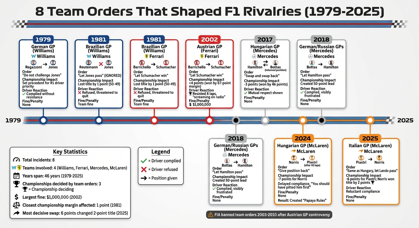 8 Controversial F1 Team Orders: Championship Impact and Driver Reactions Timeline