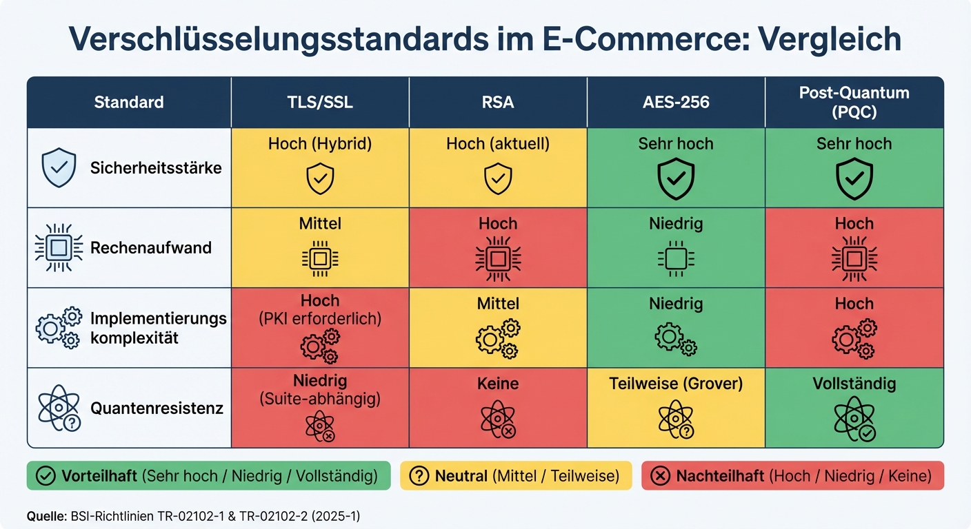 Vergleich der E-Commerce Verschlüsselungsstandards: TLS/SSL, RSA, AES-256 und Post-Quantum-Verschlüsselung