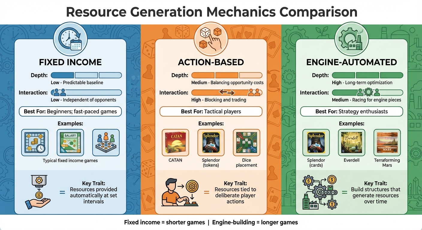 Comparison of Resource Generation Mechanics in Board Games