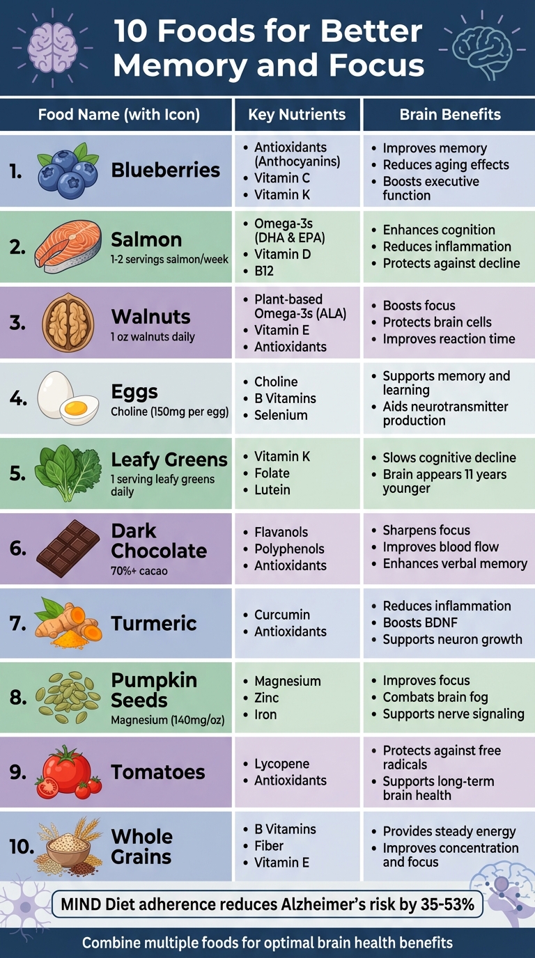 10 Brain-Boosting Foods: Key Nutrients and Cognitive Benefits Comparison Chart