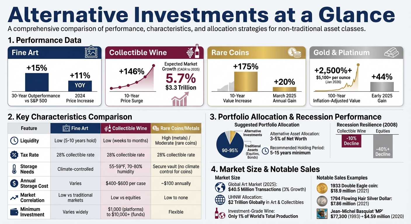 Alternative Investments Comparison: Art, Wine, Rare Coins & Precious Metals Performance and Characteristics