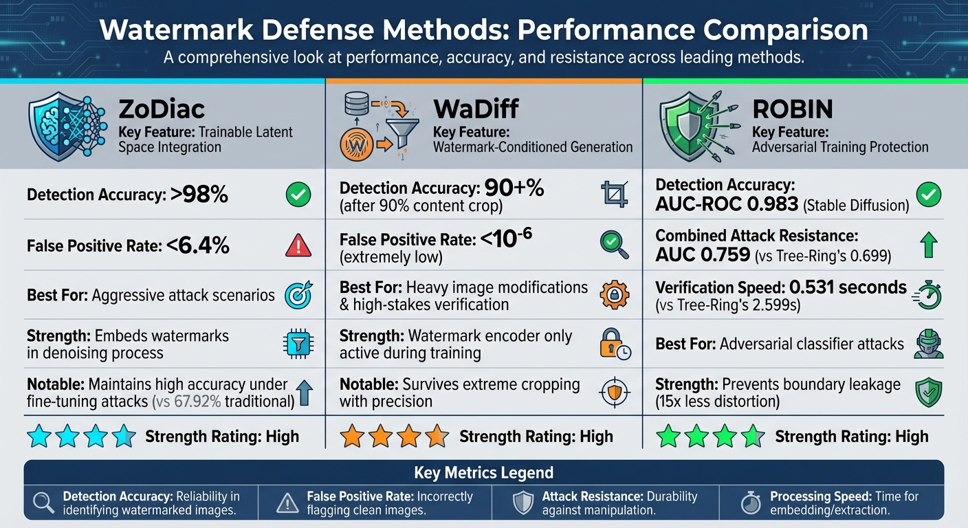 Comparison of Watermark Defense Methods: ZoDiac, WaDiff, and ROBIN Performance Metrics