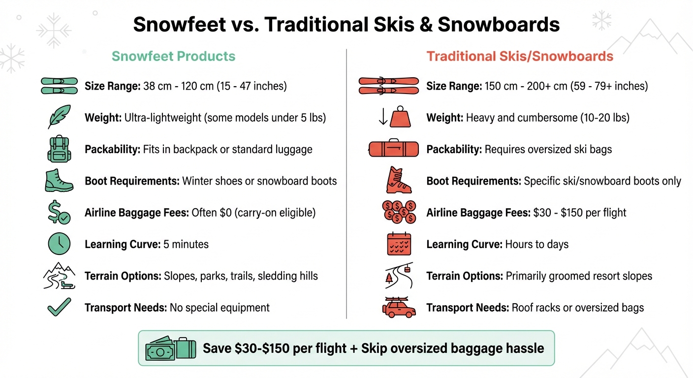 Snowfeet vs Traditional Skis: Size, Weight, and Travel Comparison