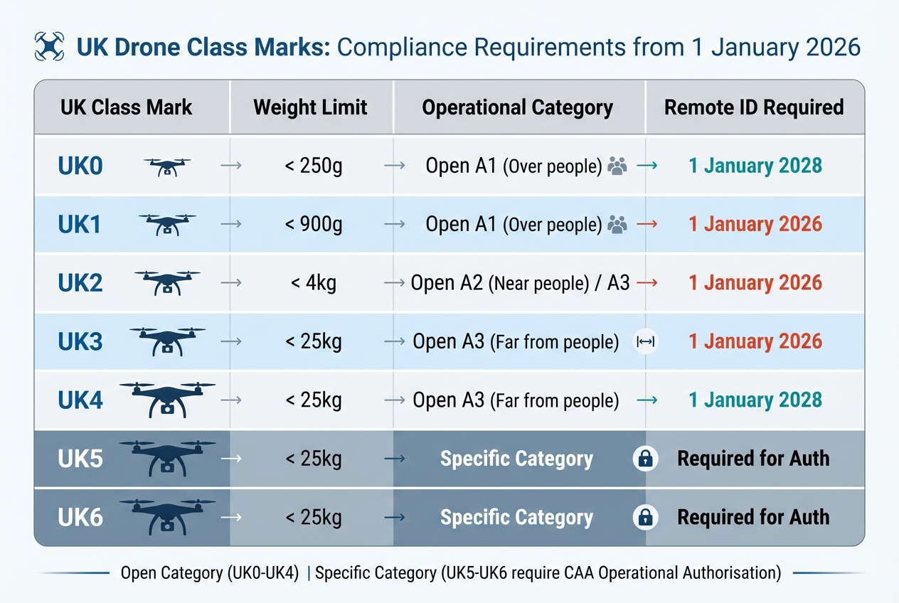 UK Drone Class Marks: Weight Limits, Operational Categories and Remote ID Requirements 2026