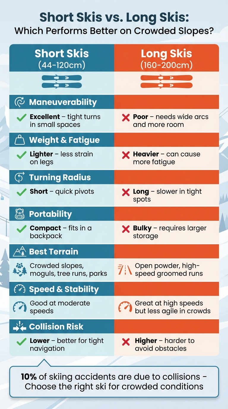 붐비는 슬로프를 위한 짧은 스키 vs 긴 스키 비교