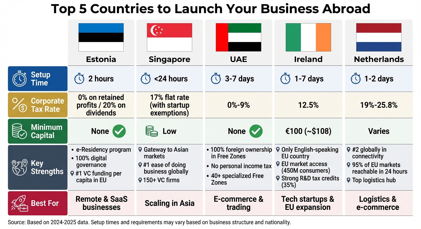 Top 5 Countries for Starting a Business Abroad: Setup Time, Tax Rates & Key Benefits Comparison