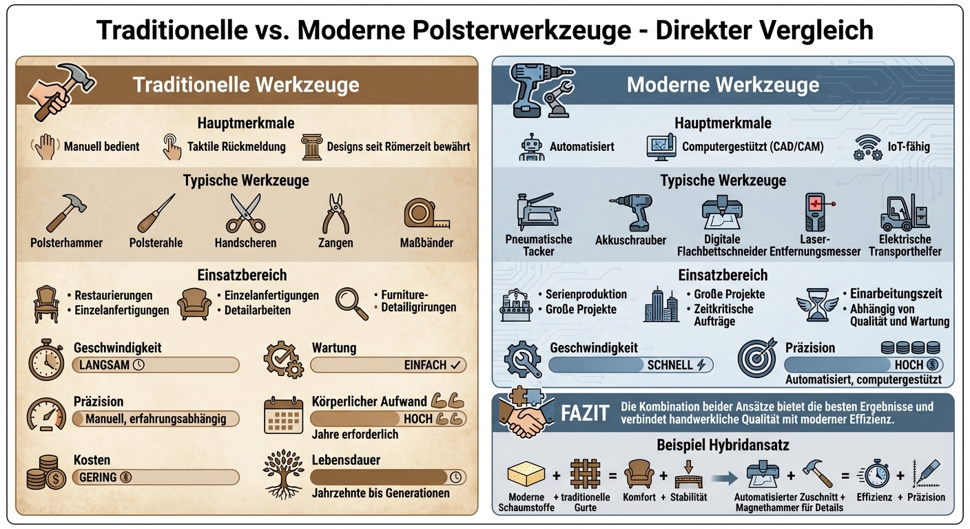 Vergleich traditionelle vs. moderne Polsterwerkzeuge: Kosten, Geschwindigkeit und Einsatzbereiche
