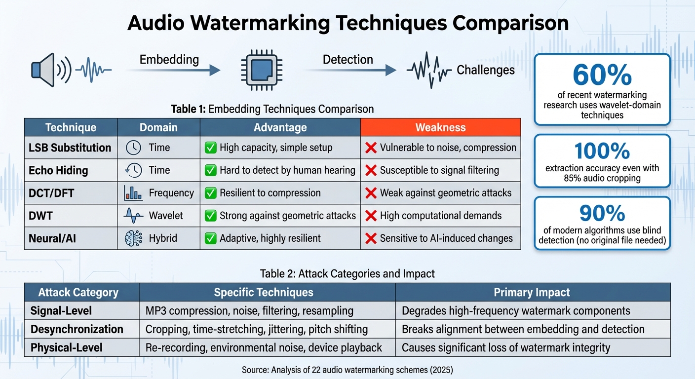 Audio Watermarking Techniques: Comparison of Embedding Methods and Attack Resistance
