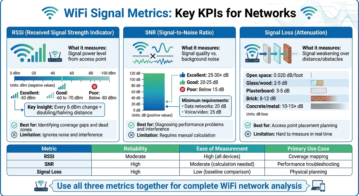 WiFi Signal Metrics Comparison: RSSI vs SNR vs Signal Loss