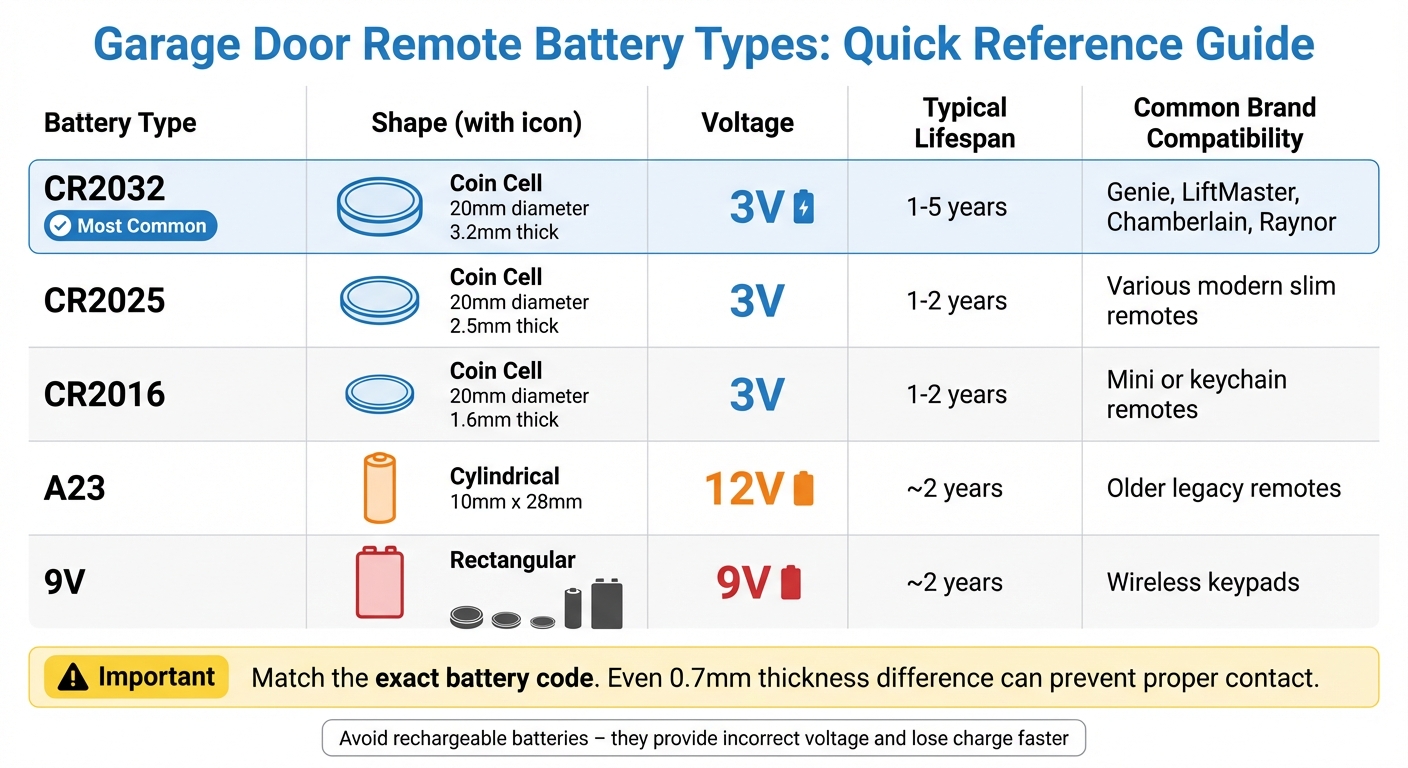 Garage Door Remote Battery Types Comparison Chart