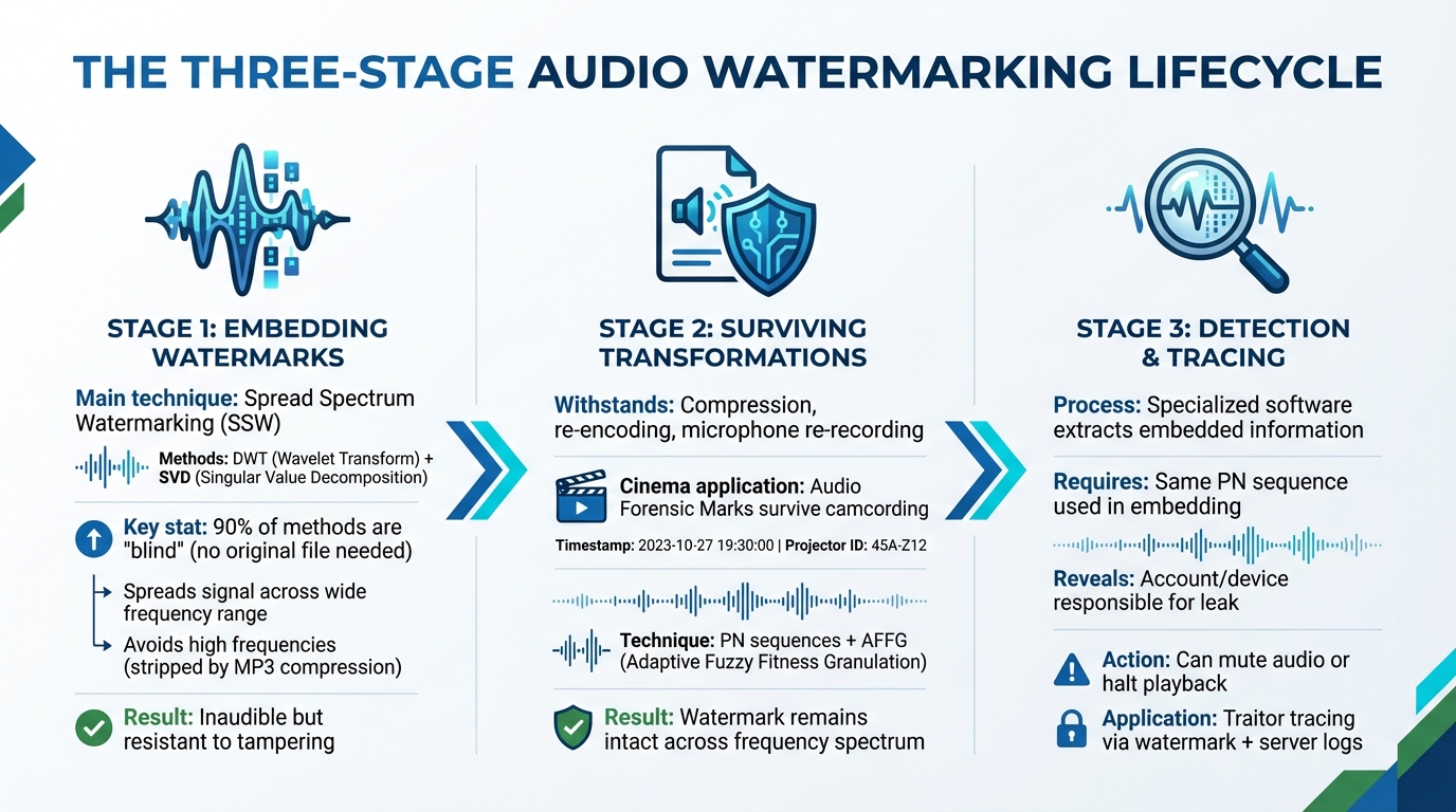 How Audio Watermarking Works: Embedding, Survival, and Detection Process