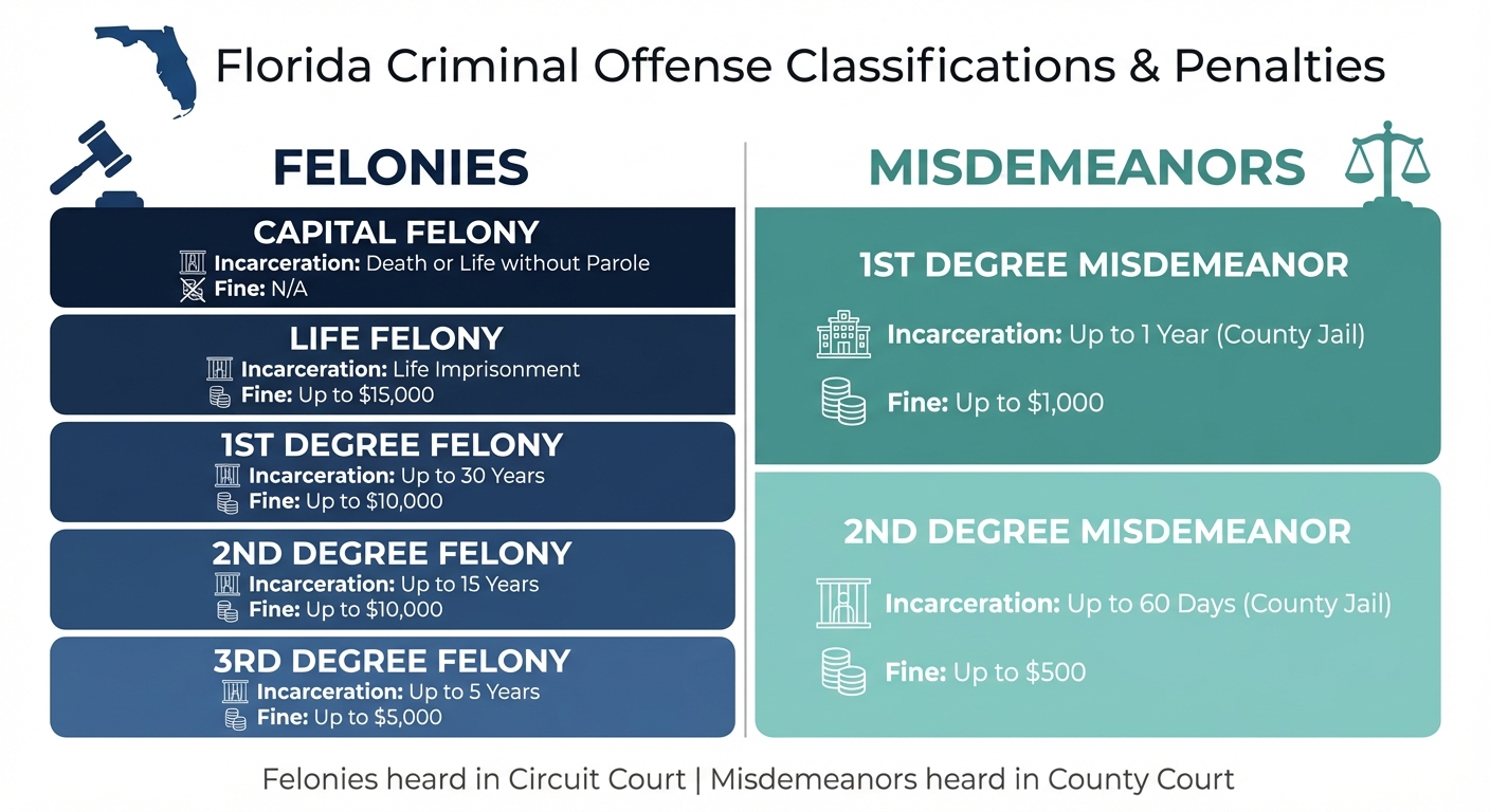 Florida Criminal Offense Classifications: Felonies vs Misdemeanors Penalties