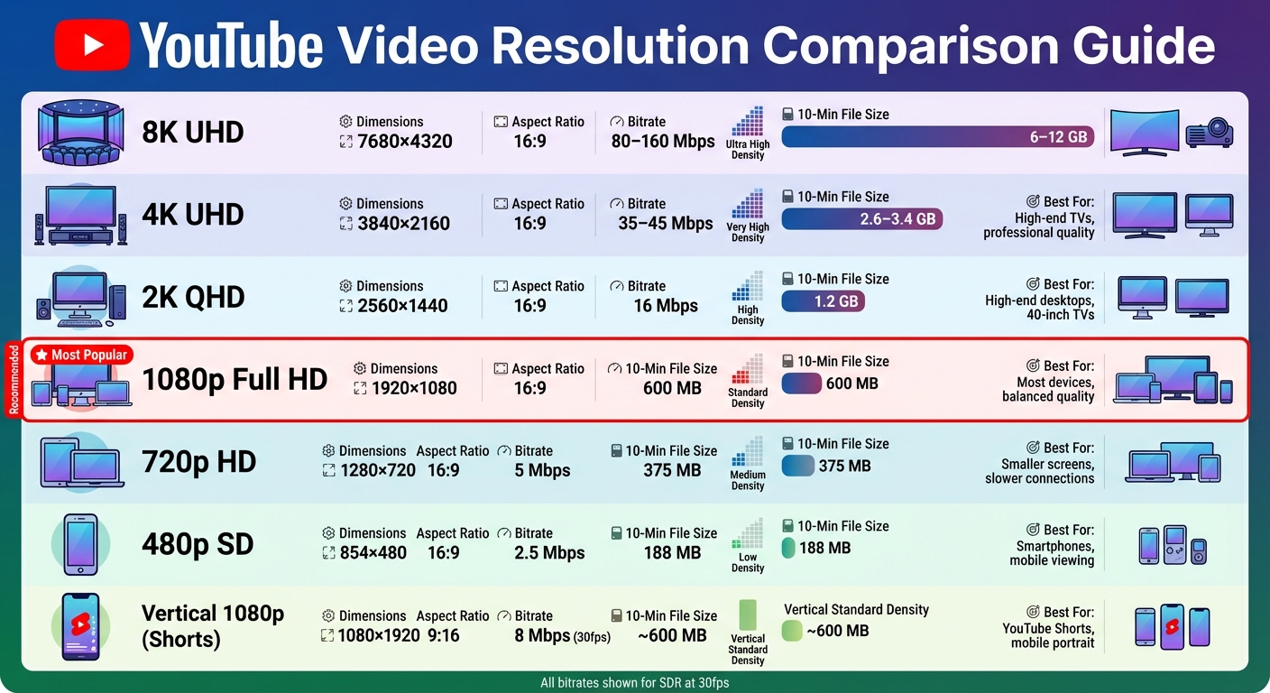 YouTube Video Resolution Comparison Guide: Dimensions, Bitrates, and File Sizes
