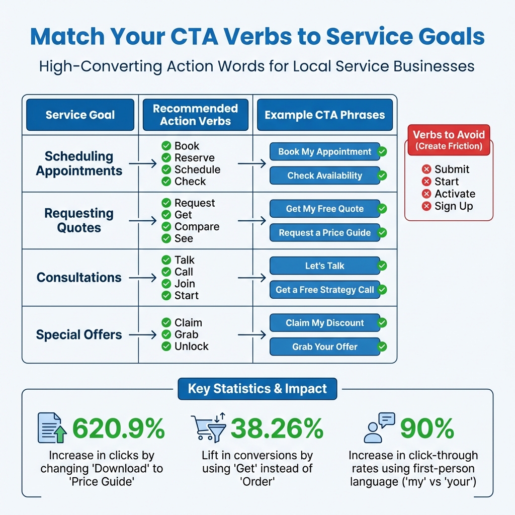 Chart displaying high-converting CTA button action verbs categorized by local service goals