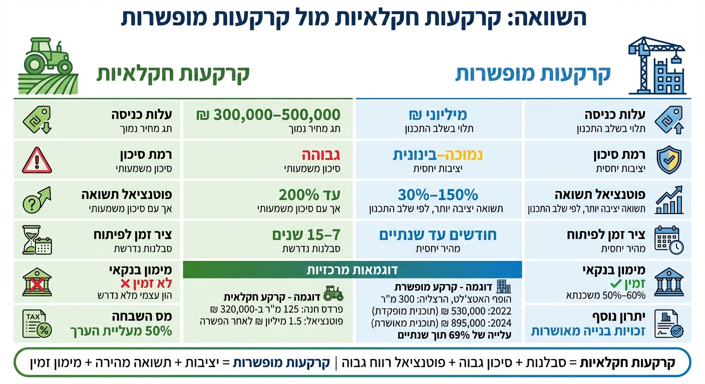 השוואה בין קרקעות חקלאיות לקרקעות מופשרות: עלויות, סיכונים ותשואות