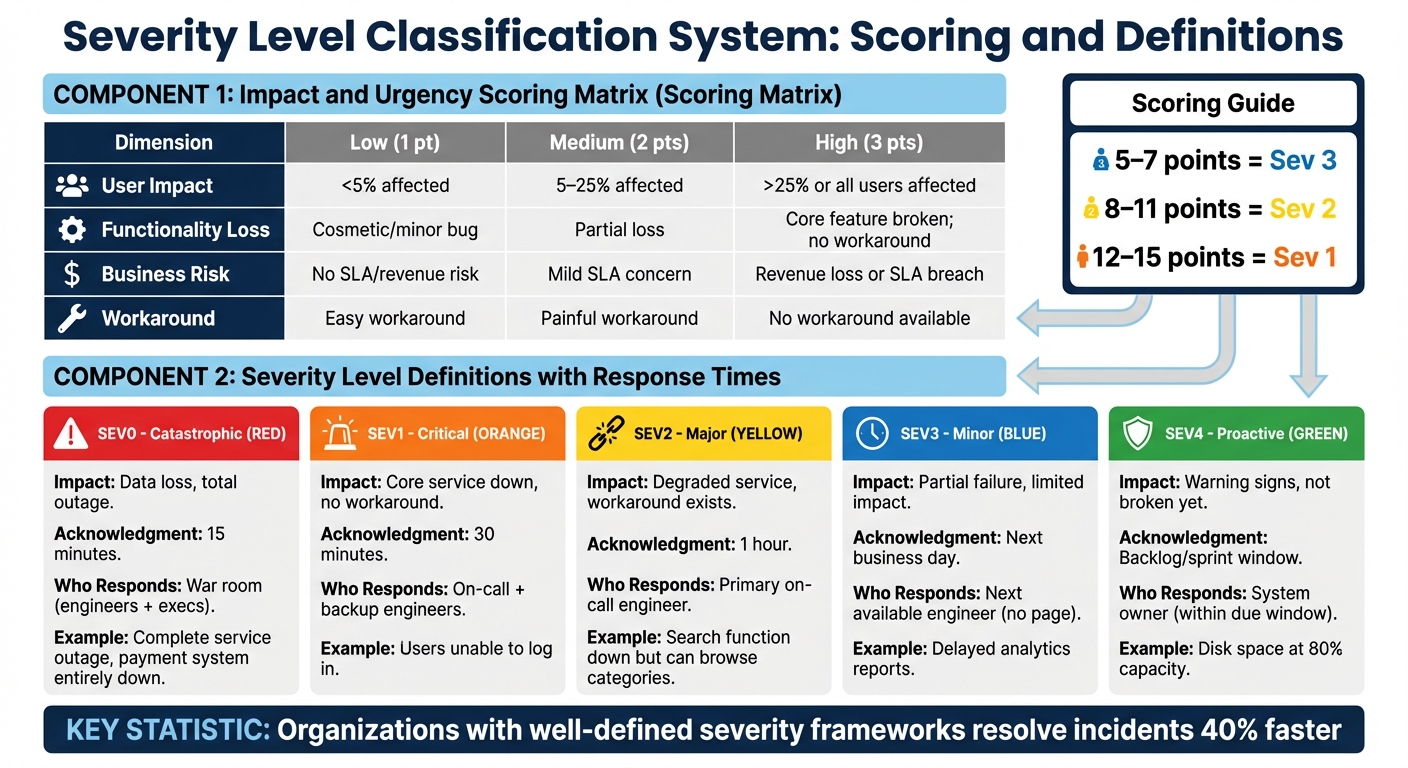 Severity Level Classification Matrix with Impact Scoring Guide