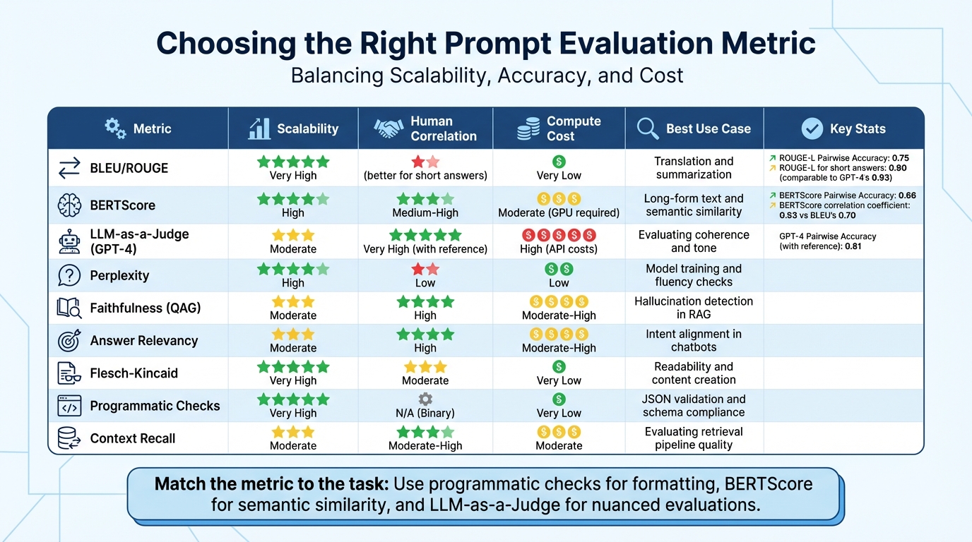 Comparison of AI Prompt Evaluation Metrics: Performance, Cost, and Use Cases