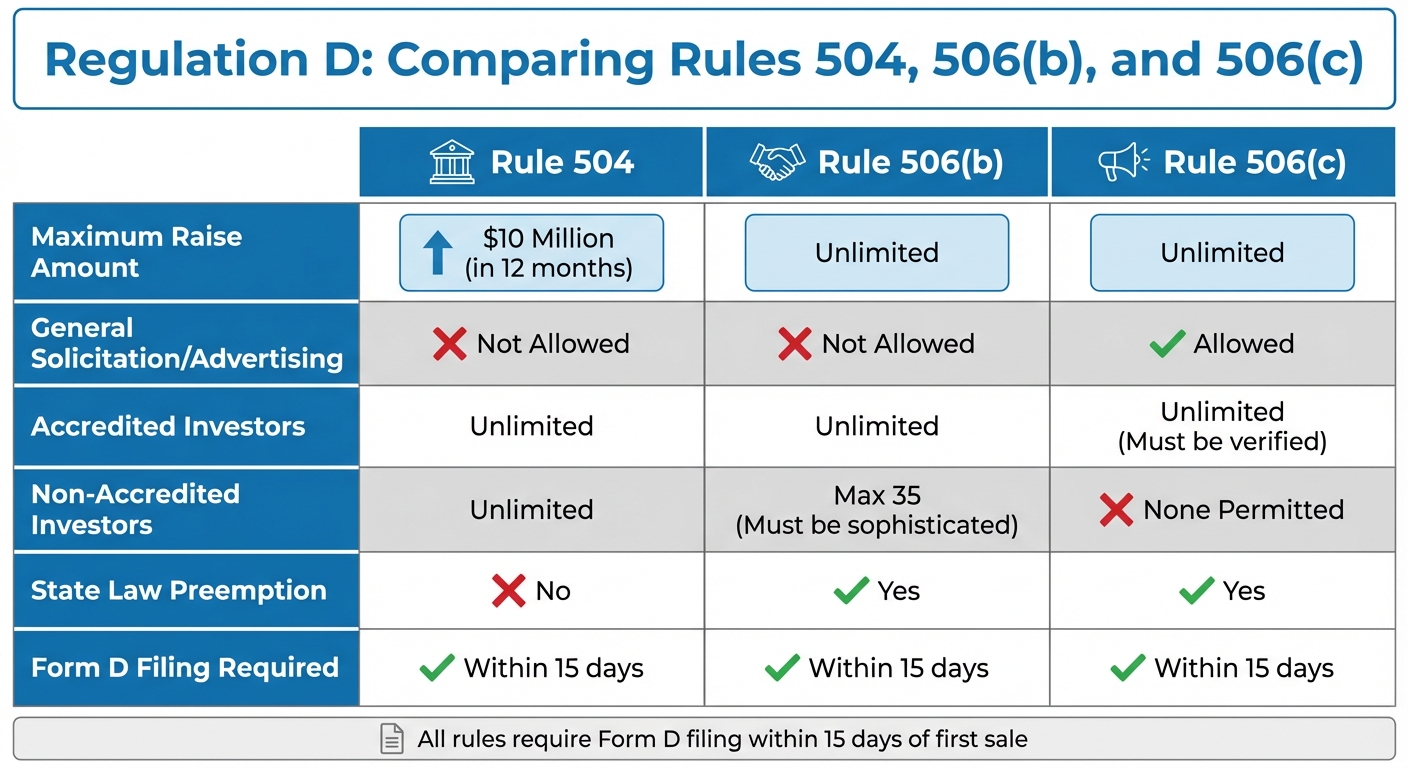 Regulation D Rules Comparison: 504, 506(b), and 506(c)