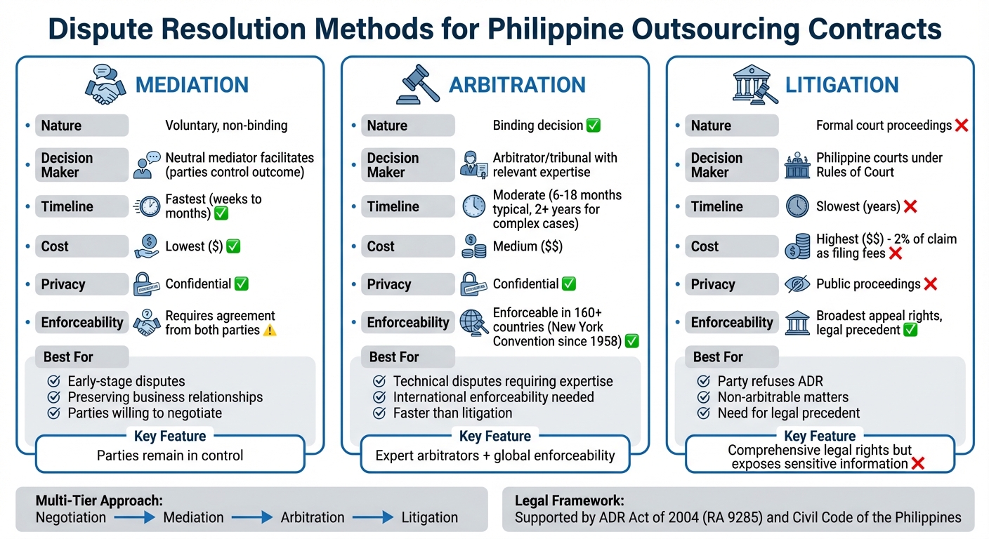 Comparison of Dispute Resolution Methods in Philippine Outsourcing: Mediation vs Arbitration vs Litigation