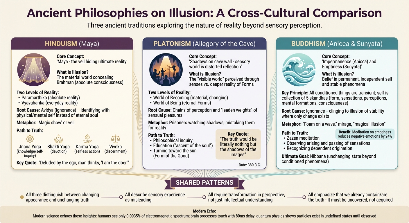 Ancient Philosophies on Illusion: Hindu Maya, Plato's Cave, and Buddhist Impermanence Compared