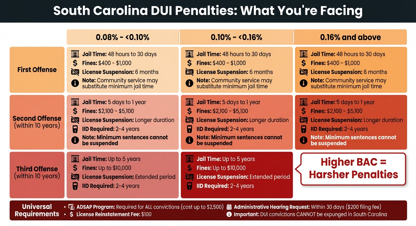 South Carolina DUI Penalties by Offense and BAC Level