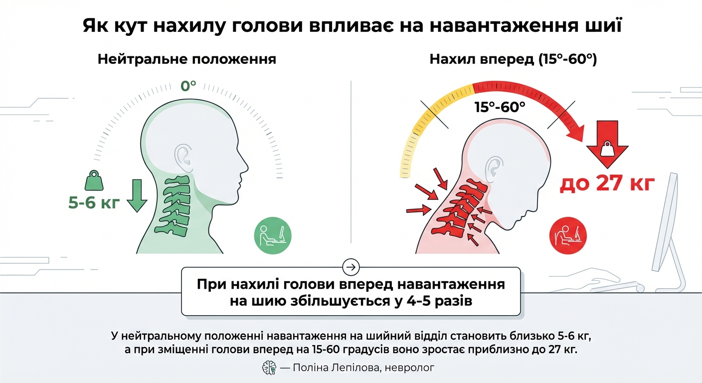 Вплив кута нахилу голови на навантаження шийного відділу хребта