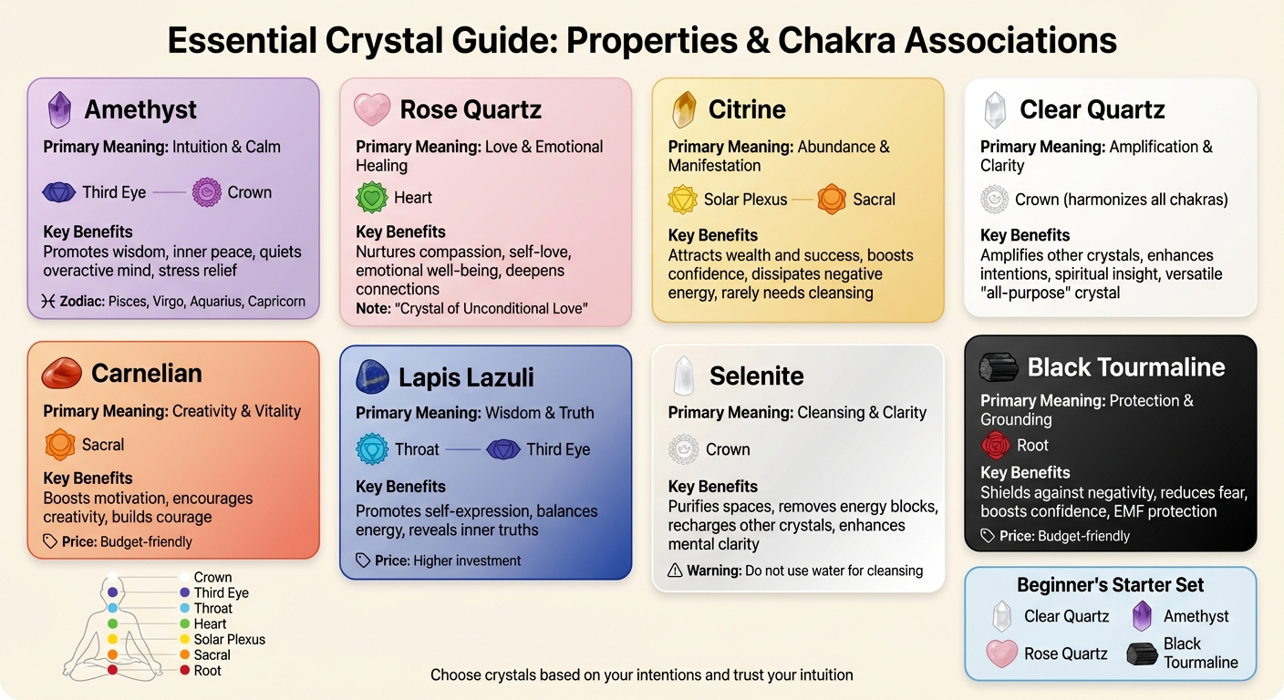 Popular Healing Crystals: Properties, Chakras, and Benefits Comparison Chart