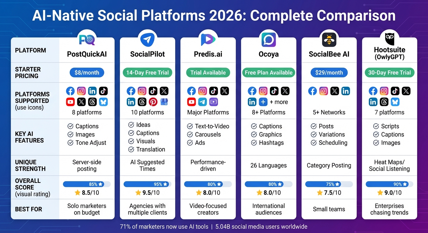 AI-Native Social Media Platforms Comparison 2026: Features, Pricing & Performance