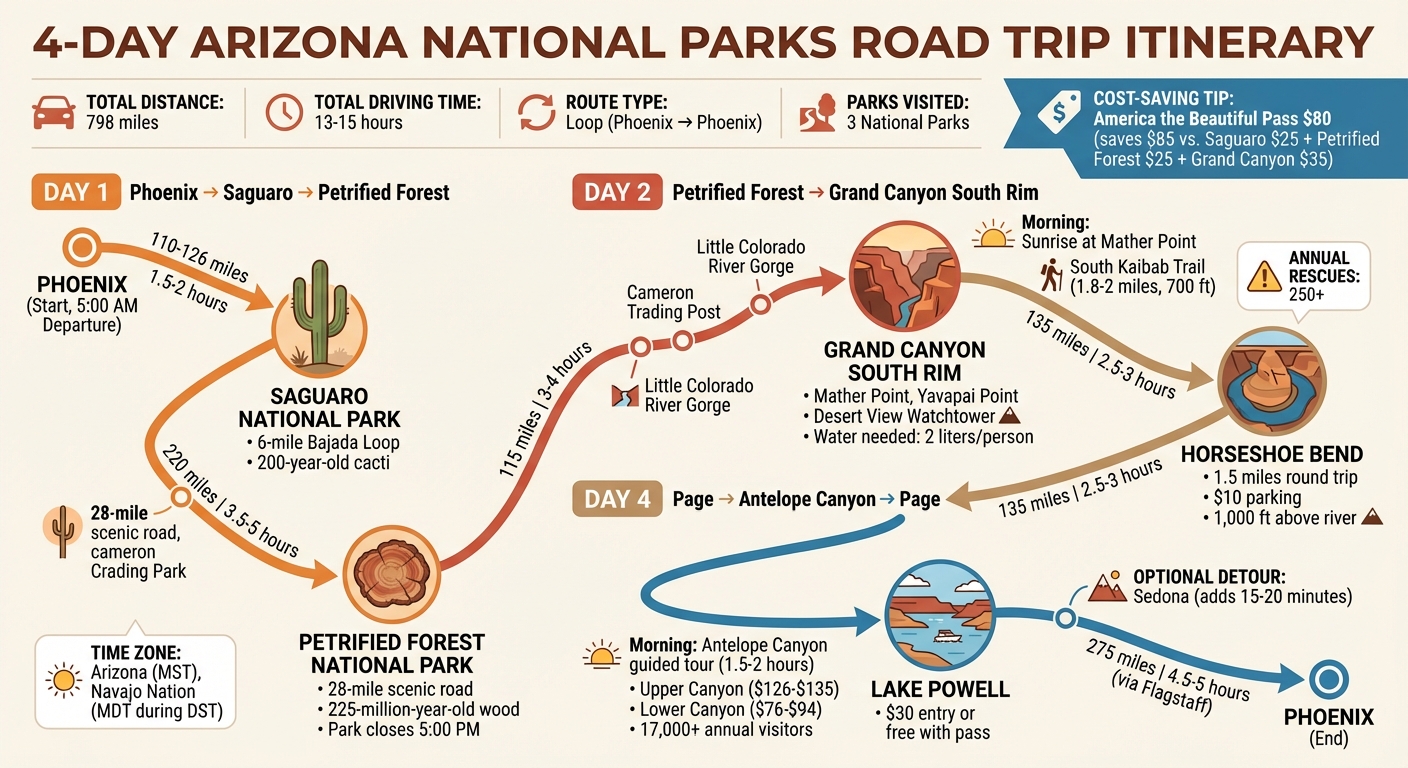 4-Day Arizona National Parks Road Trip Itinerary Map