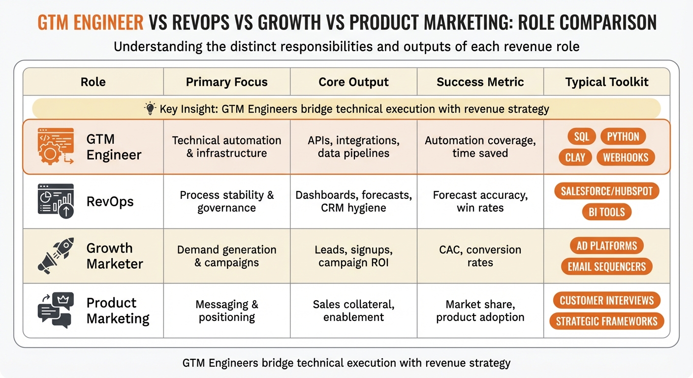 GTM Engineer vs RevOps vs Growth Marketing vs Product Marketing Role Comparison