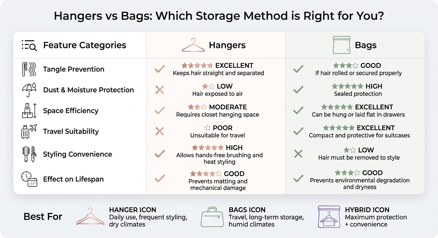 Hair Extension Storage: Hangers vs Bags Comparison Chart