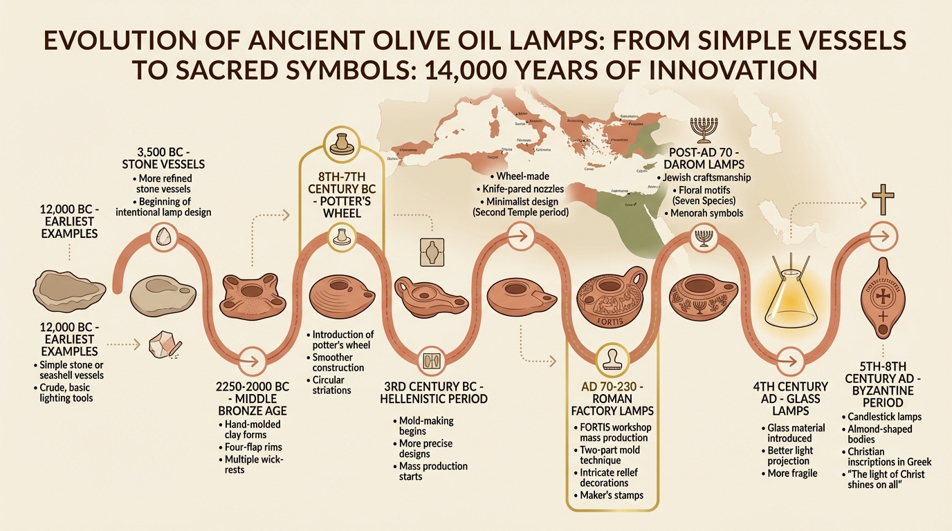 Evolution of Ancient Olive Oil Lamps: 12,000 BC to 8th Century AD