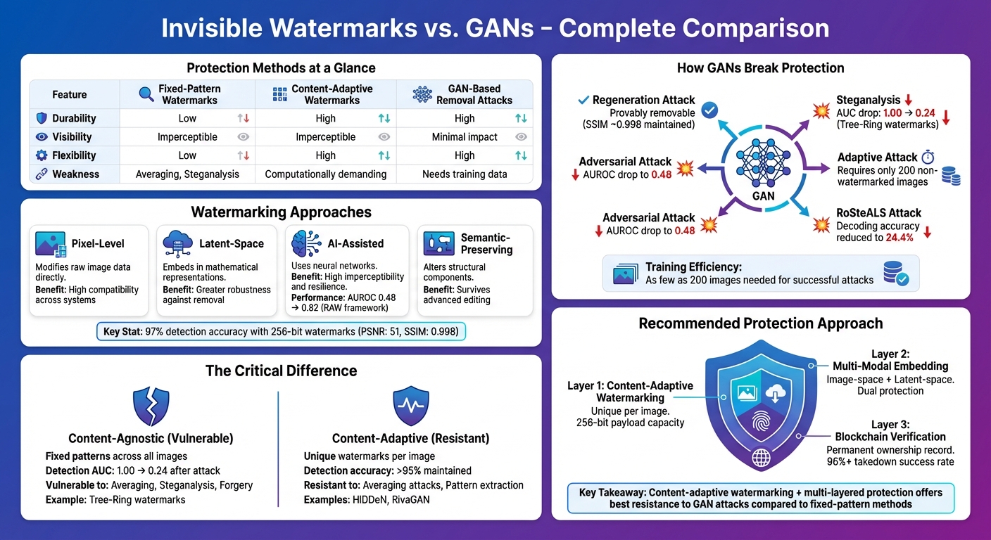 Invisible Watermarks vs GAN Attacks: Comparison of Protection Methods and Vulnerabilities