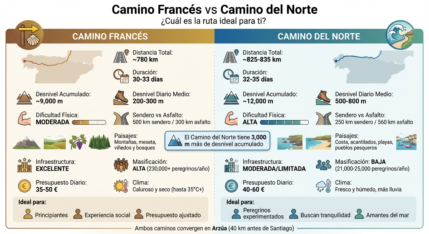 Comparativa Camino Francés vs Camino del Norte: distancia, dificultad y características