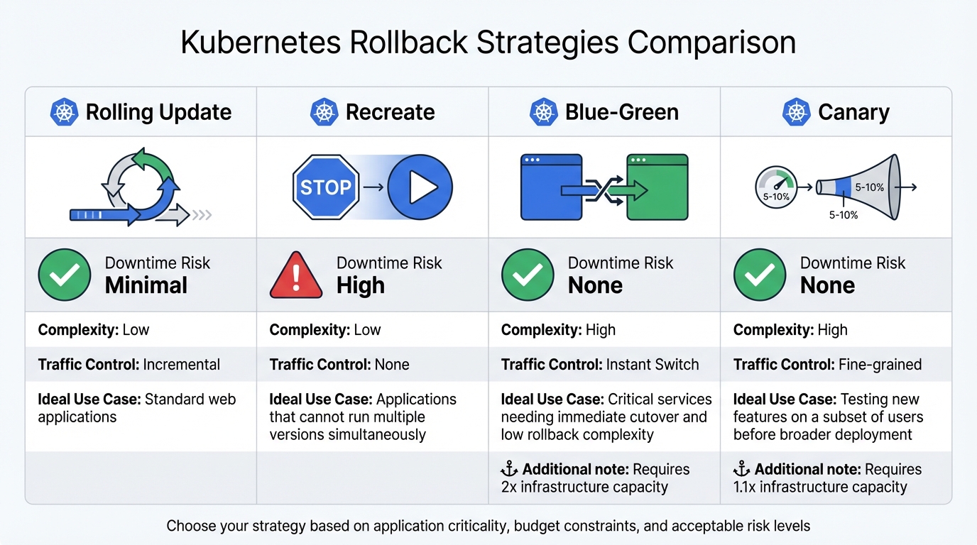 Kubernetes Rollback Strategies Comparison: Rolling Update vs Recreate vs Blue-Green vs Canary