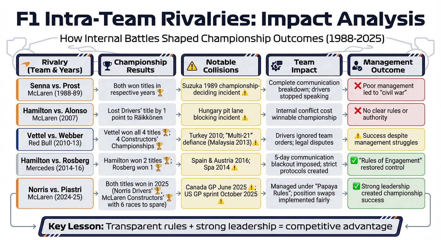 F1 Intra-Team Rivalries: Championship Impact Comparison 1988-2025