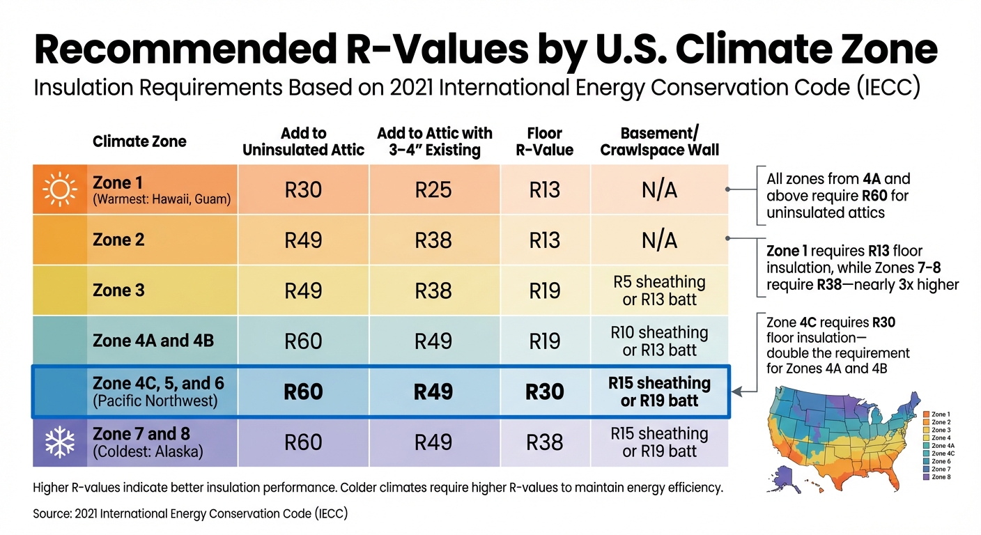 Recommended R-Values by U.S. Climate Zone for Attics, Floors, and Walls