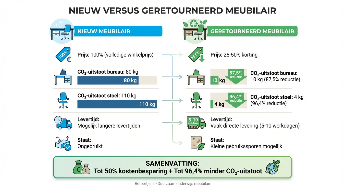 CO2-uitstoot en kostenvergelijking nieuw versus geretourneerd schoolmeubilair
