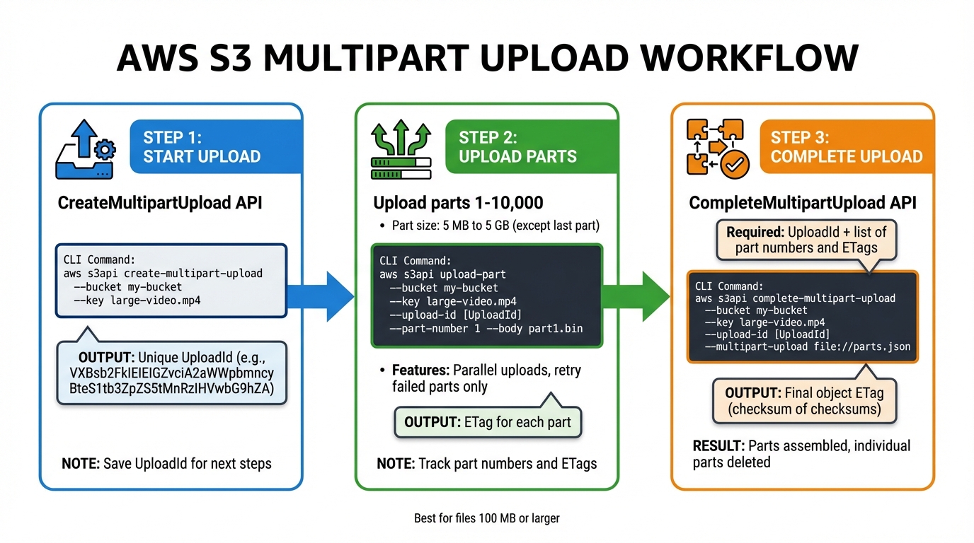 AWS S3 Multipart Upload Process: 3-Step Workflow