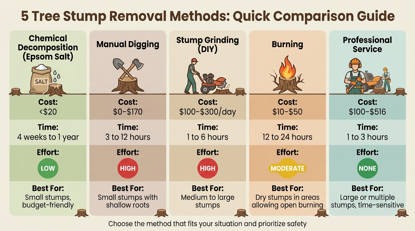Tree Stump Removal Methods Comparison: Cost, Time, and Effort Guide