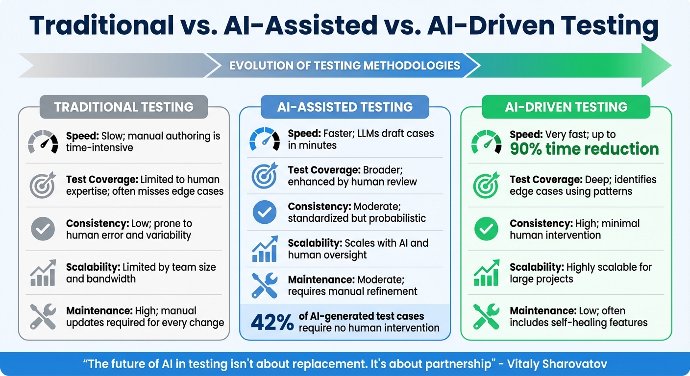 Traditional vs AI-Assisted vs AI-Driven Testing: Speed, Coverage, and Scalability Comparison