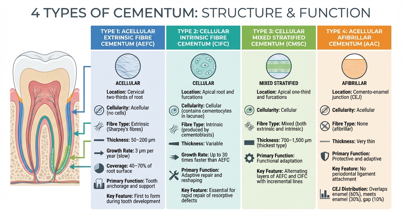 Four Types of Cementum: Location, Structure and Function Comparison