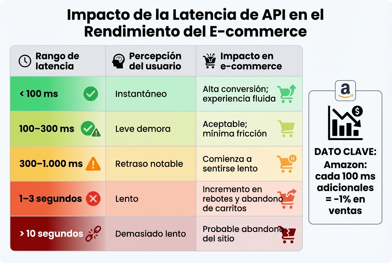 Tabla de latencia de APIs y su impacto en conversiones de e-commerce