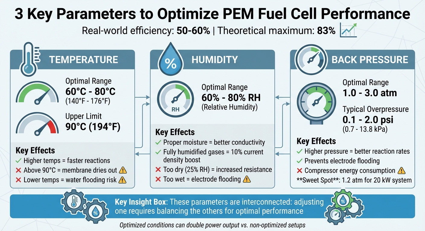 PEM Fuel Cell Optimization Parameters: Temperature, Humidity, and Back Pressure Ranges