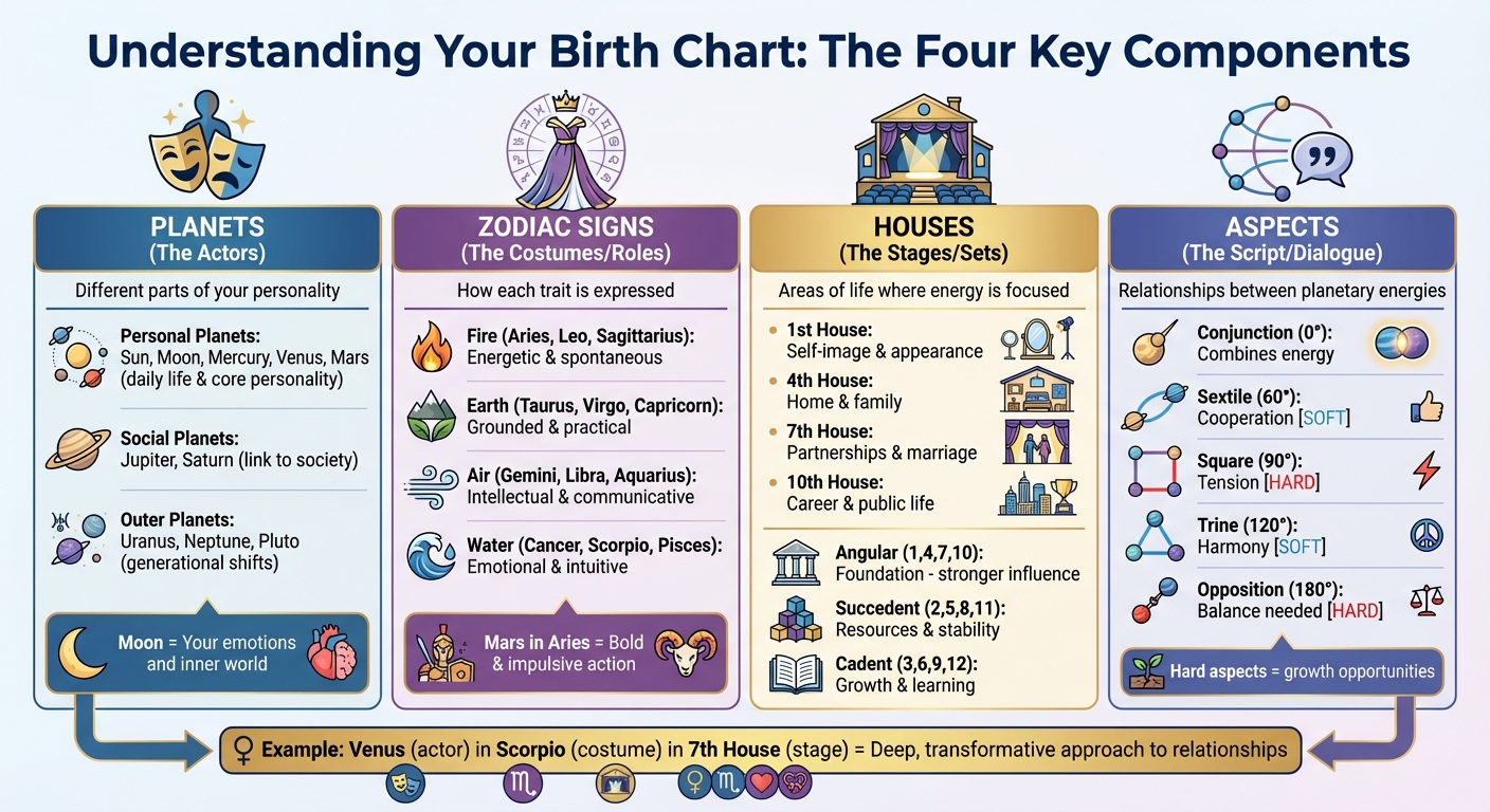 Birth Chart Components: Planets, Signs, Houses, and Aspects Explained