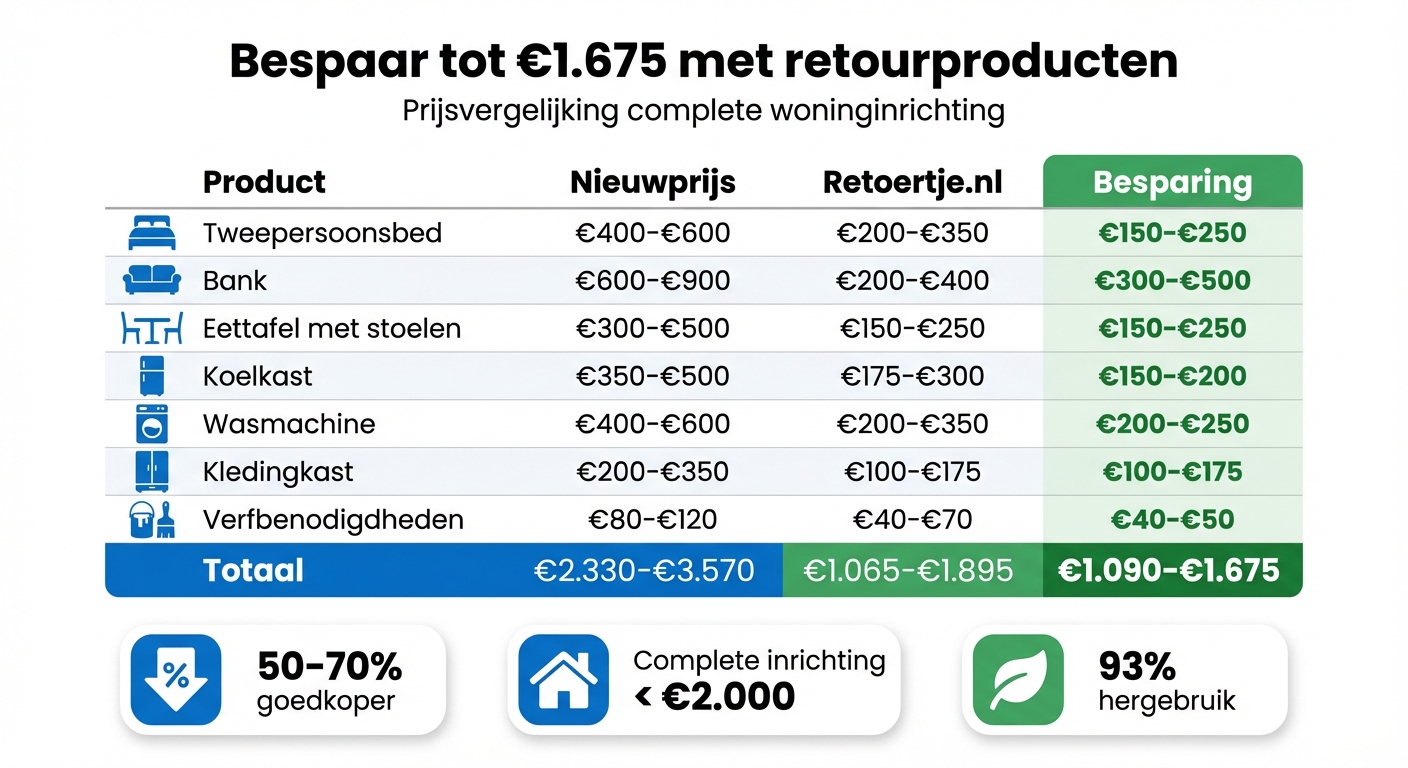 Kostenvergelijking nieuwe vs retour producten voor complete woninginrichting