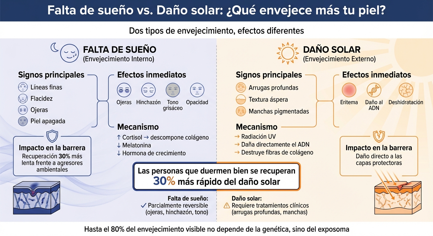 Comparación del envejecimiento de la piel: falta de sueño vs daño solar