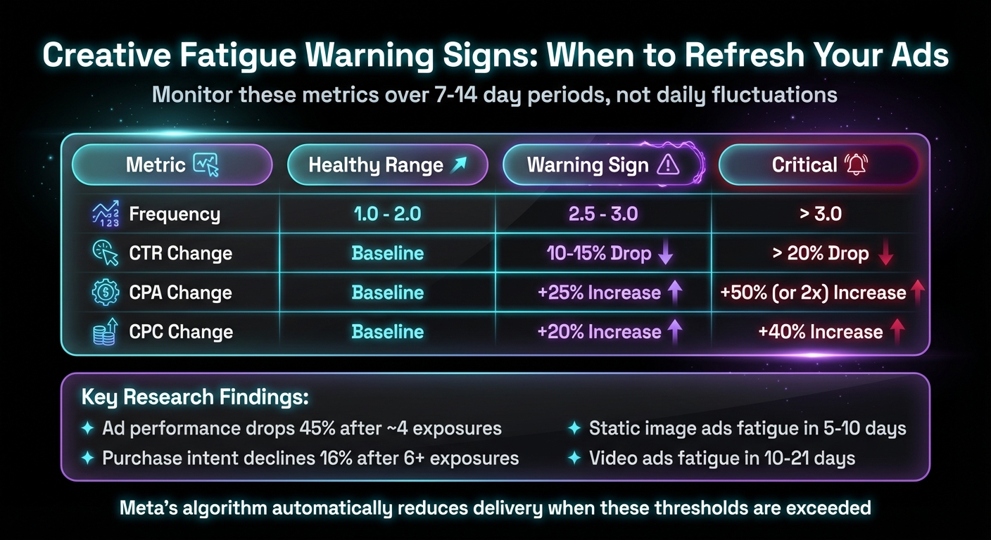 Creative Fatigue Warning Signs: Key Metrics and Thresholds for Meta Ads