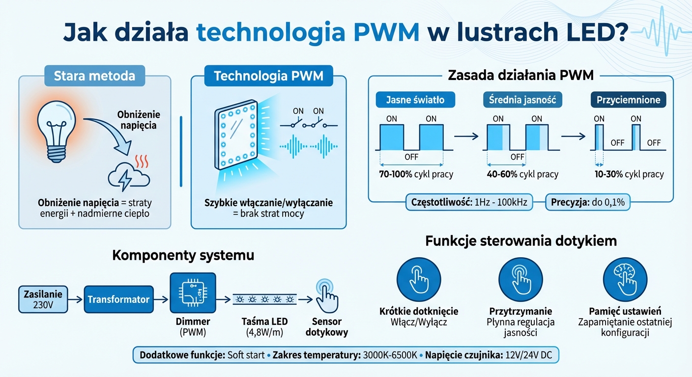 Jak działa technologia PWM w ściemnianiu luster LED - schemat działania