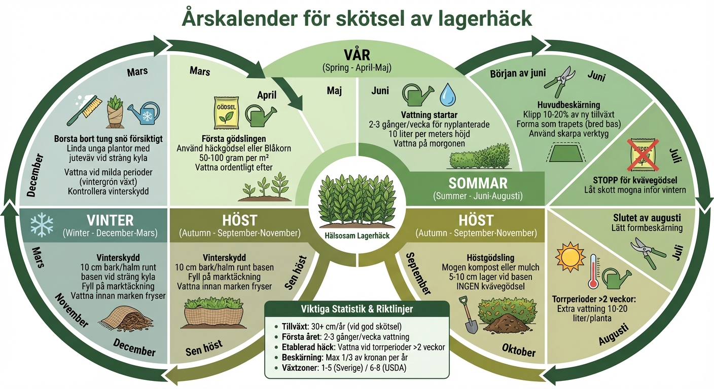 Årskalender för skötsel av lagerhäck: vattning, gödsling och beskärning